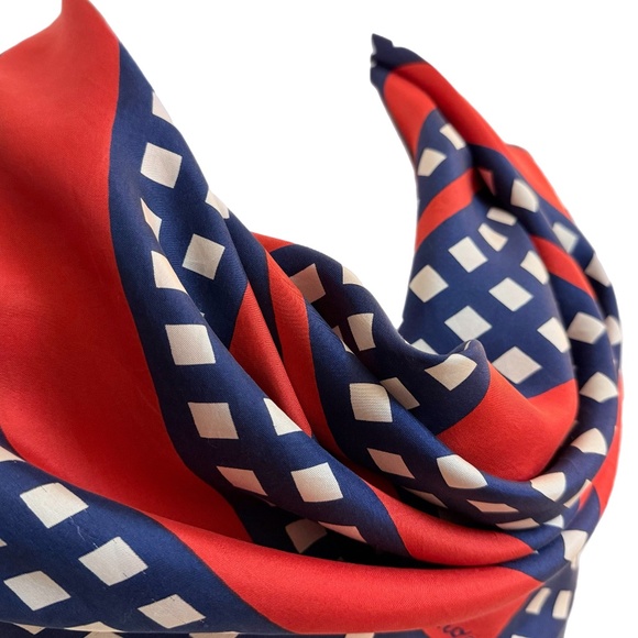 Vintage Echo Red, White & Blue Geometric Scarf – Hand Rolled Edges - Picture 4 of 8